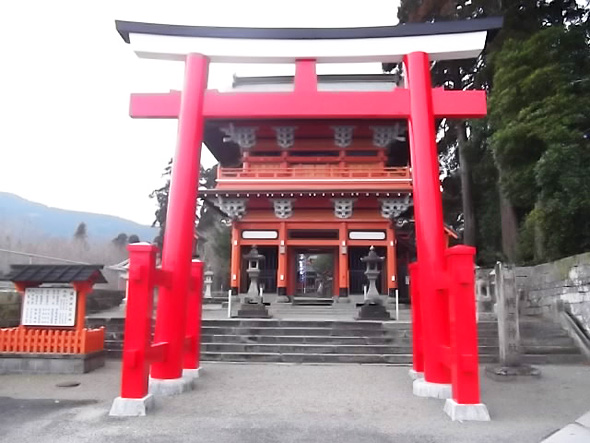 朱色の大鳥居の奥に建つ文化遺産の榎原神社の写真