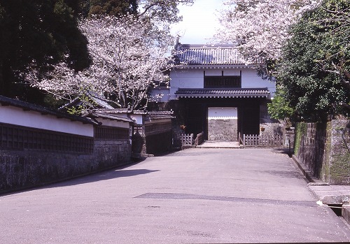 道路の両側に石垣の塀が立ち並び、奥には木造渡櫓本瓦葺きの大手門が建っている写真