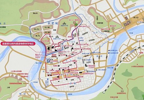 日南市飫肥伝統的建造物群保存地区の場所が赤枠で示されている地図
