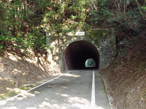 道路の先に半円型のトンネルが設置され、トンネルの壁は赤色に見える山仮屋隧道を写した写真