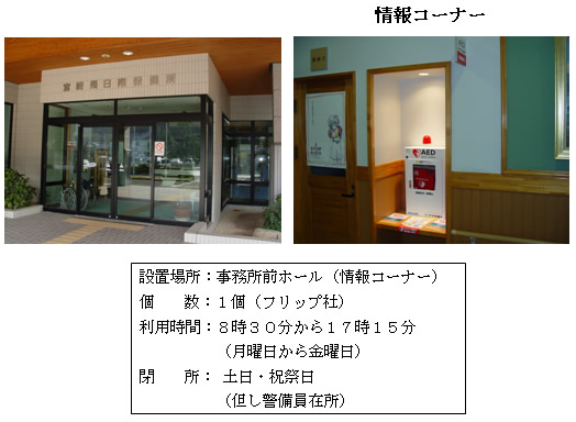 上段左:自動ドアの上部に「宮崎県日南保健所」と書かれた入り口を写した写真。上段右:壁の一部が窪んだデザインで上部から照明が照らされている情報コーナーに設置されている白いケースに入ったAEDの写真。下段:「設置場所:事務所前ホール(情報コーナー) 個数:1個(フリップ社) 利用時間:8時30分から17時15分(月曜日から金曜日) 閉所:土曜日、日曜日・祝祭日(但し警備員在所)」と書かれた案内文