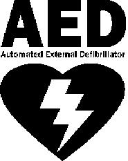 「AED Automated External Defibrillator」の文字と黒いハートの中に白抜きで稲妻が描かれているイラスト