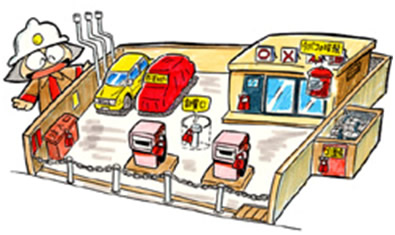閉店したガソリンスタンドの敷地を覗いている笑顔の消防士のイラスト