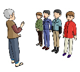 4名の若い方達が横一列に並んでいる前に向かい合って立っている年配のかたが話をしている様子のイラスト