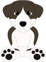 上半身を起こし両足を伸ばして座っている白とこげ茶の色をした犬のイラスト