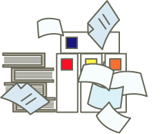 積まれた書籍やバインダーと散らばった用紙のイラスト