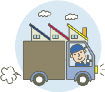 青と赤と黄色の屋根の家が建ち並んでいる傍を、ライトを点灯させて運転しているトラックの運転手のイラスト