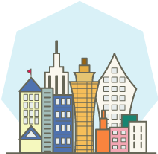 様々な形や高さのビルが並んで建っているイラスト