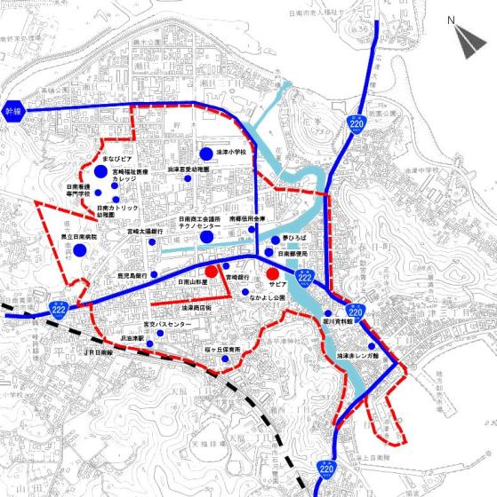 中心市街地エリアが赤で囲われている地図