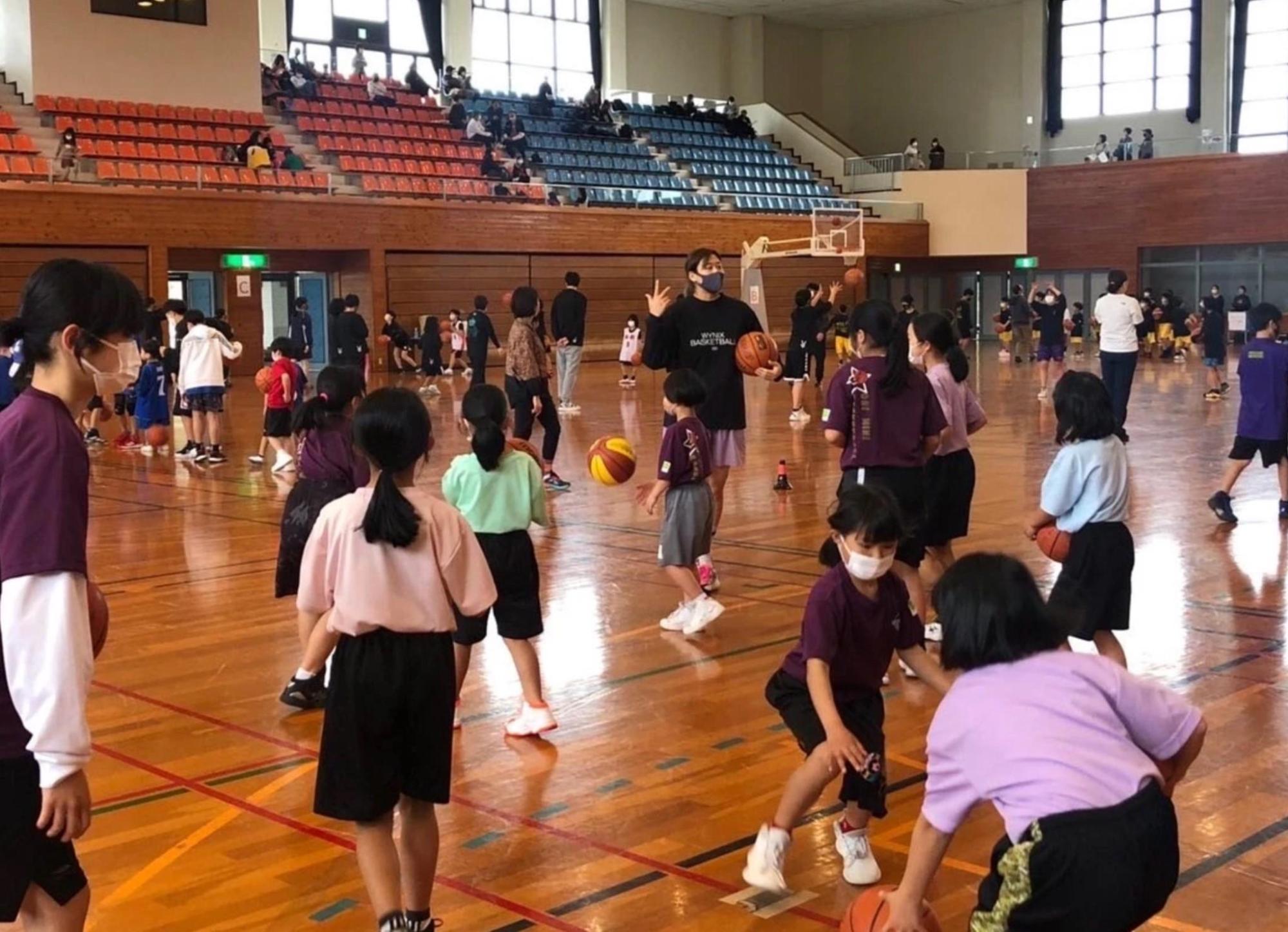 体育館で、子どもたちと指導者たちが、グループに分かれ、いろいろな練習をしている様子の写真