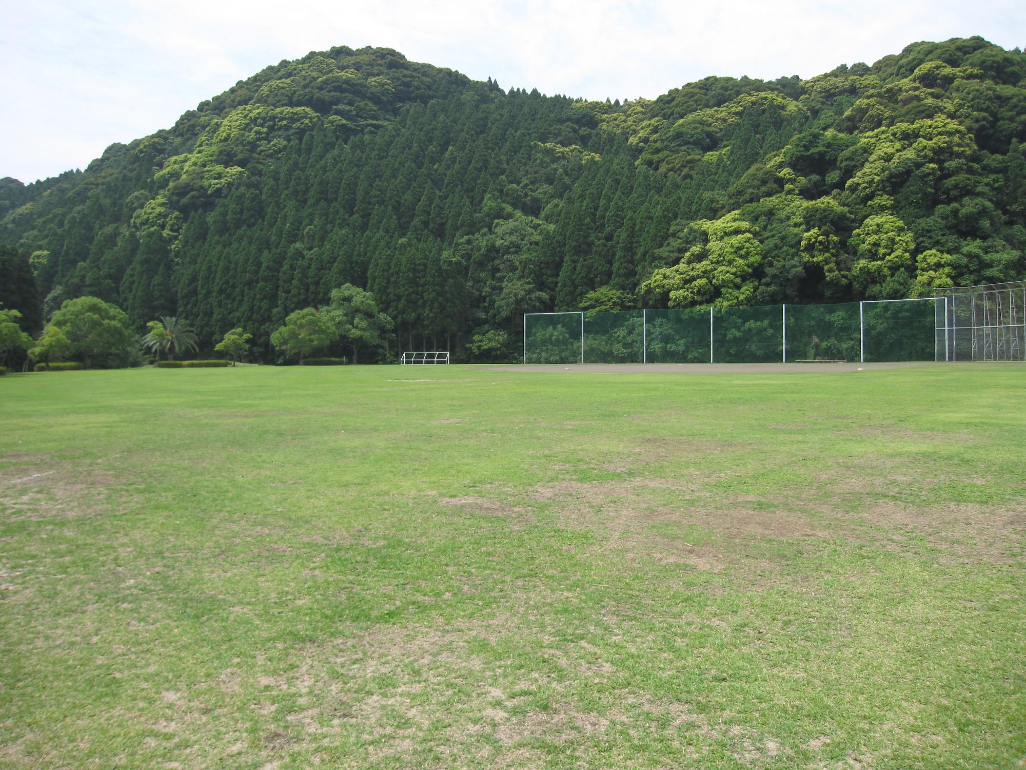 広い芝生の多目的広場の奥に一部フェンスが設置されており、後方には緑の山がある写真