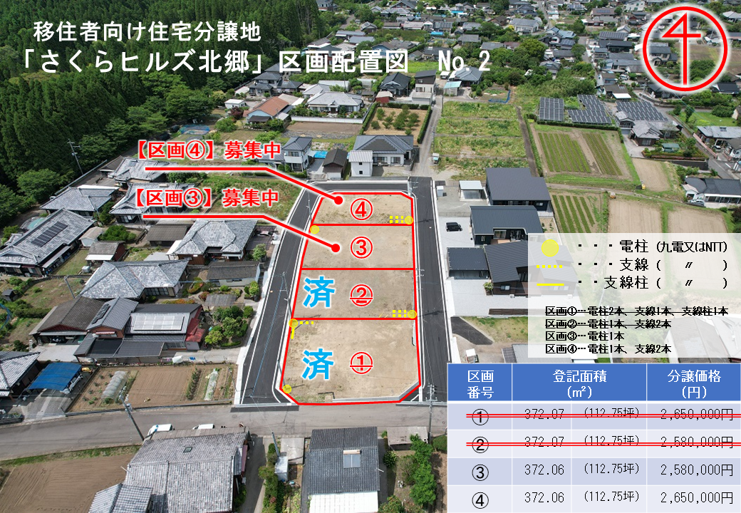 住宅街に囲まれた一角が更地になっており、4つに区切ってそれぞれの詳細が記載されている区画配置図