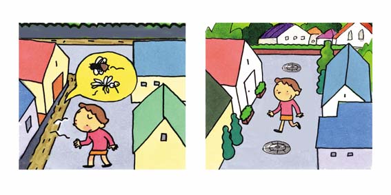 左:側溝に汚水が流れており虫や匂いが出ている横を顔をしかめて歩く女の子のイラスト。右:道路中にある下水管に直接排除されるよう整備された道路を気持ちよく歩いている女の子のイラスト