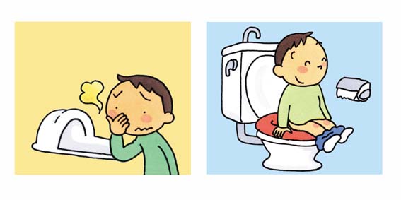 左:汲取り式トイレから悪臭がでており、手で鼻をおおっている男の子のイラスト。右:水洗トイレに男の子が座っているイラスト