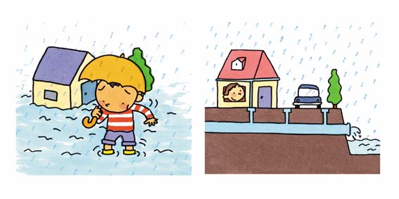 左:傘を差した男の子が冠水した道の上に立って困っている様子のイラスト。右:雨水が下水管を通して川へ流れていく様子のイラスト