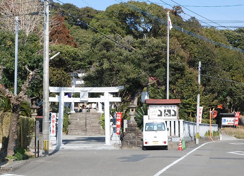 日に照らされた白い鳥居とその奥へ続く参道の様子の写真