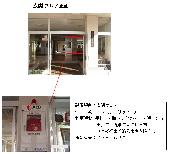 上段：ガラスドアの奥にある玄関フロア正面の右側部分が赤い四角で囲まれている写真。下段左：上部に赤色灯があり「AED」と書かれている白いケースの中に入ったAEDが壁に設置されている写真。下段右：「設置場所：玄関フロア 個数：1個（フィリップス） 利用時間：平日8時30分から17時15分 土曜日、日曜日、祝祭日は使用不可（学校行事がある場合を除く。） 電話番号：25-1669」と書かれた案内文