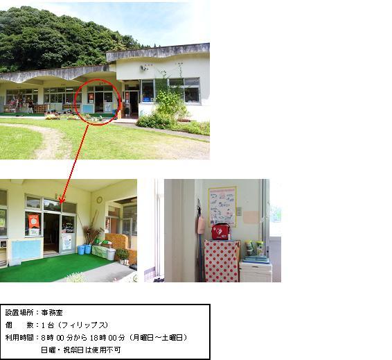 上段：芝生が生えた園庭側から横長の園舎を写し、園舎の中央部分の入り口付近に赤丸がされている写真。中段左：人工芝が設置されている園舎入り口を写した写真。中段右：事務室内の一角の赤い水玉模様のカバーがされた棚の上に設置されている赤いケースに入ったAEDの写真。下段：「設置場所：事務室 個数：1台（フィリップス） 利用時間：8時00分から18時00分（月曜日～土曜日）日曜・祝祭日は使用不可」と書かれた案内文