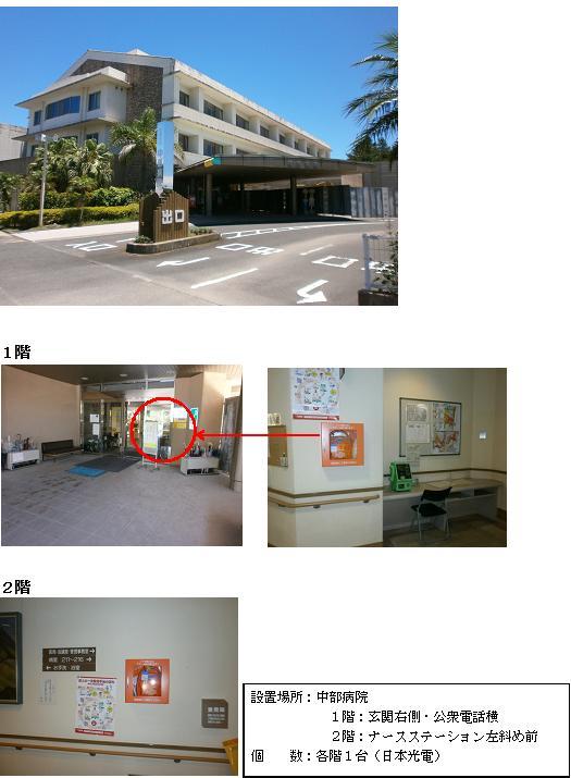 上段：建物前にある車両出入口の道路上に「入口」「出口」の文字が書かれてあり、大きな玄関庇がある3階建ての中部病院の外観写真。中段左：自動ドアの前にベンチや傘立て、立て看板が設置されている中部病院玄関前の右側部分に赤丸がされている写真。中段右：緑色の公衆電話の左横にオレンジ色のAEDが壁に埋め込んで設置されている写真。下段左：オレンジ色のAEDが壁に埋め込んで設置されている写真。下段右：「設置場所：中部病院 1階：玄関右側・公衆電話横 2階：ナースステーション左斜め前 個数：各階1台（日本光電）」と書かれた案内文