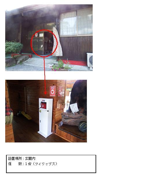 上段：ハートが描かれたAEDステッカーが貼られている玄関扉部分に赤丸がされている写真。中段：AED設置場所ステッカーが貼られた壁の下に赤色のAEDが収納された白い収納ケーススタンドが設置されている写真。下段：「設置場所：玄関内 個数：1台（フィリップス）」と書かれた案内文
