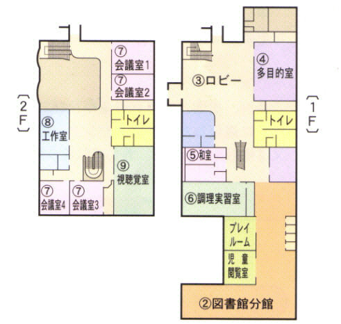 図書館分館や多目的室、会議室などが1階と2階に分けて記載されている見取り図