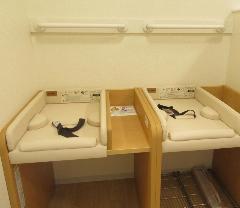 赤ちゃんを寝かせておむつ交換ができ、壁には子どもが立ったままおむつ交換ができるよう手すりが備えてあるおむつ交換台の写真