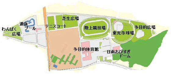 日南総合運動公園の施設位置が示された施設マップ